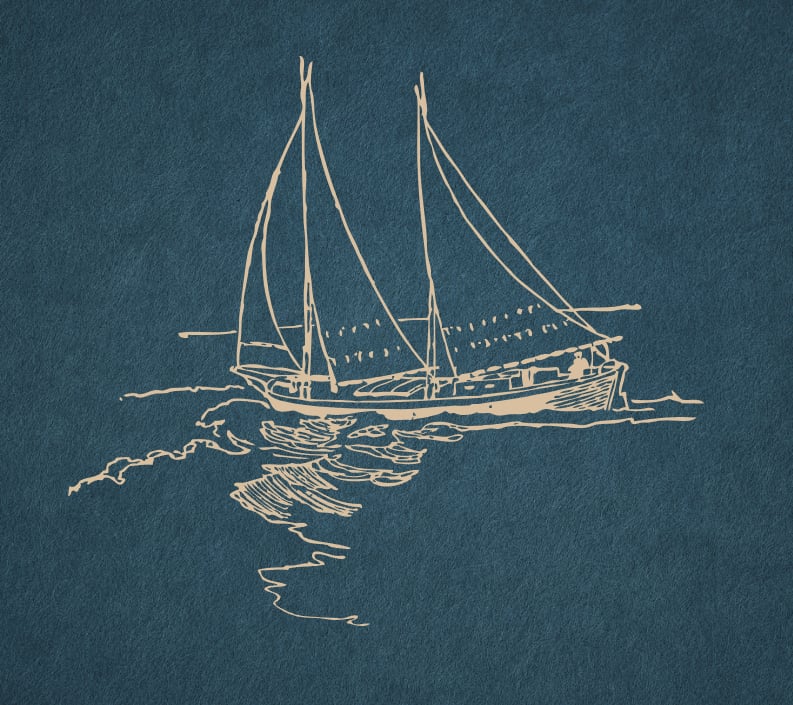 A loosely drawn sailing vessel and its reflection, in warm cream on textured blue.